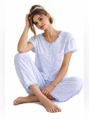 Karen Neuburger Blue Floral Pajama Set Small Cozy Cottagecore Sleepwear